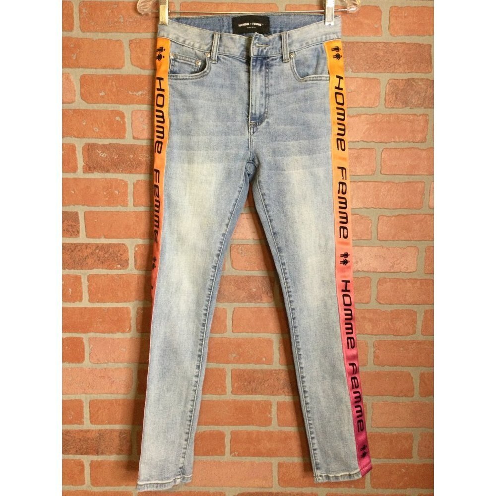 Homme + Femme Men's Denim Wear Skinny Jeans Striped Paint Logo Whiskering